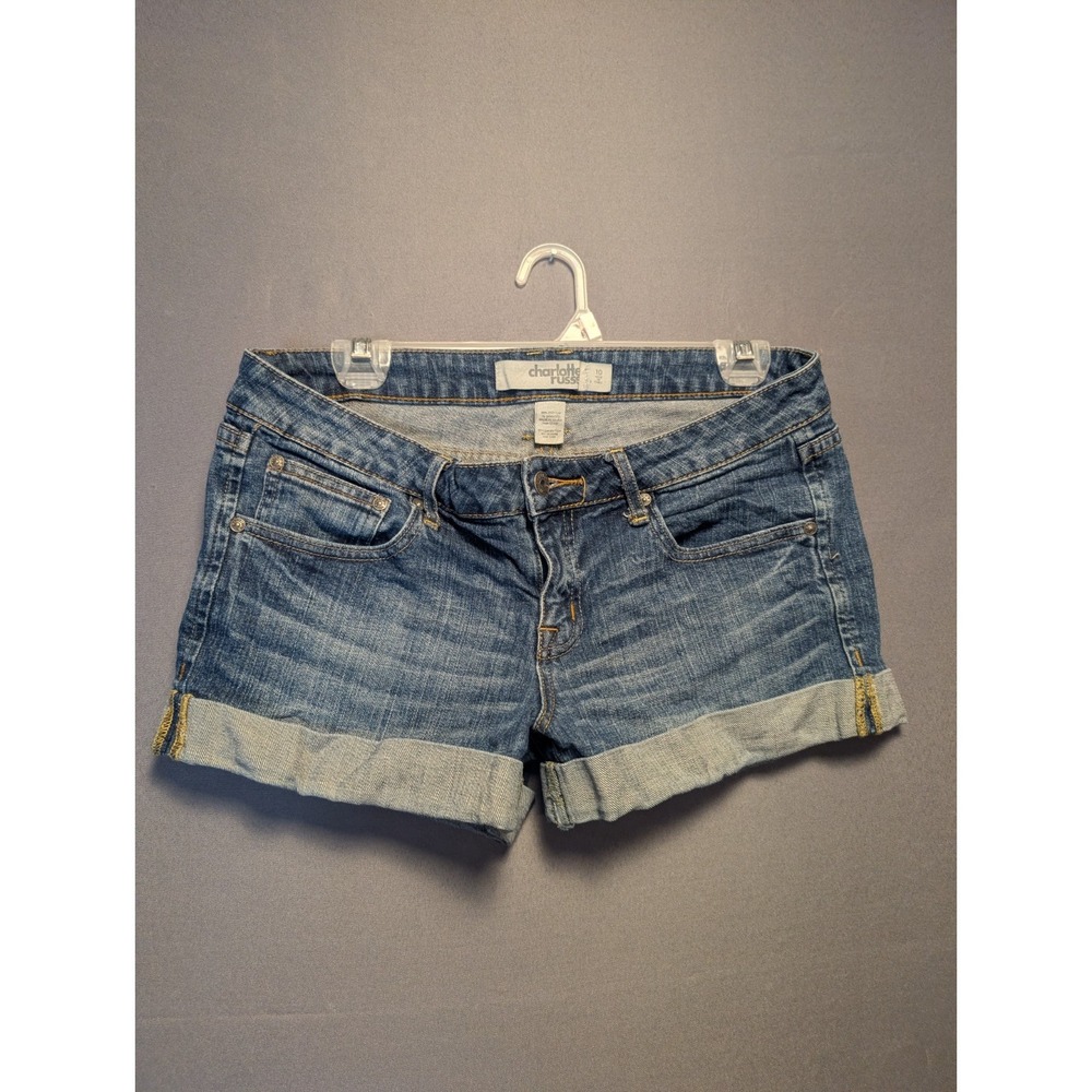 Charlotte Russe Shorts Womens 10 Blue Whiskered Denim Cotton Stretch Cuffed Hem